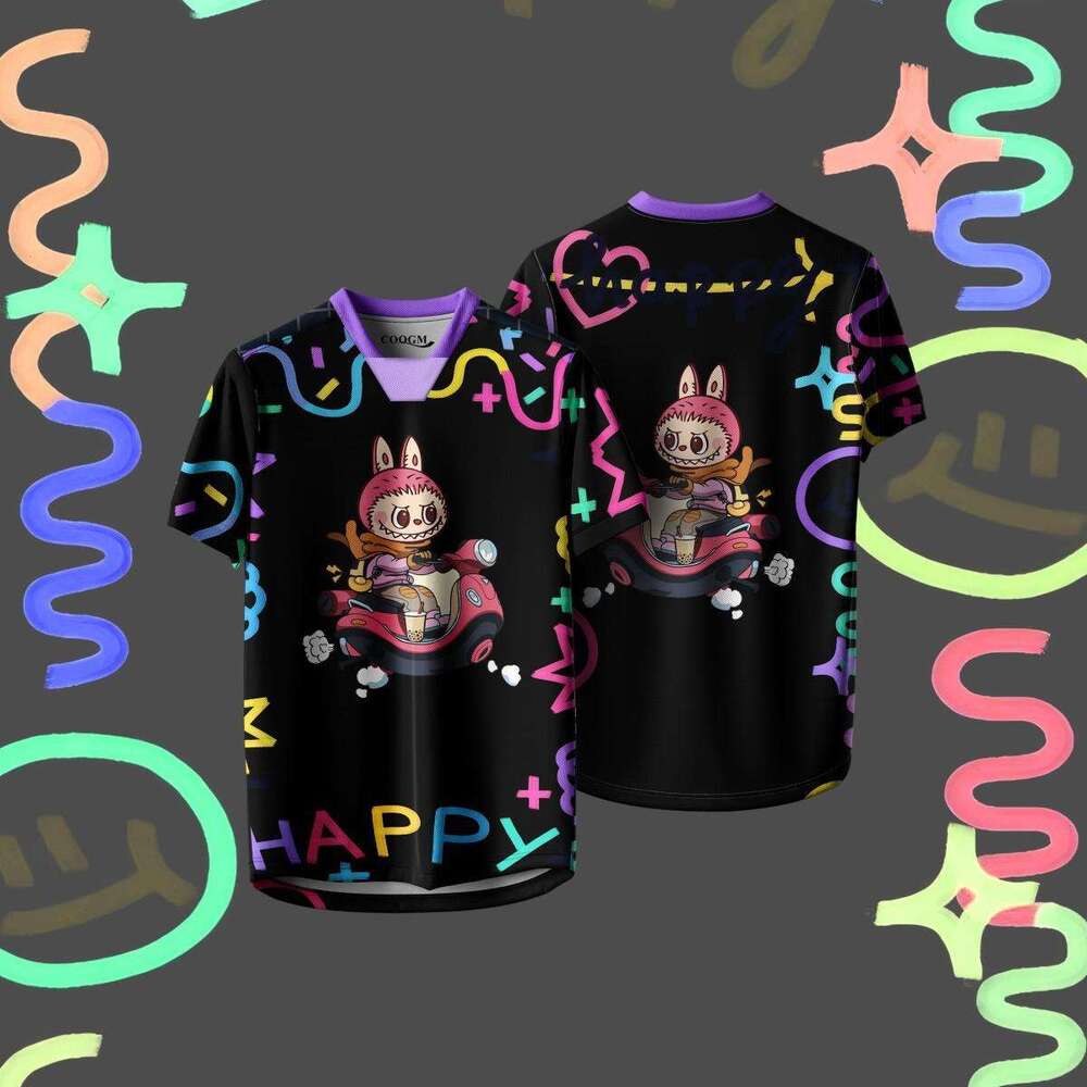 Labubu Printed Cartoon Washed Gradient T-Shirt Trendy Brand Pure Cotton Crew Neck Loose Short Sleeve