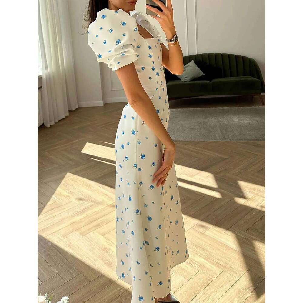New Fashion Womens Summer Midi Casual Short Puff Sleeve Floral Print A-Line Elegant Flowy Dress Hot Sale S M L
