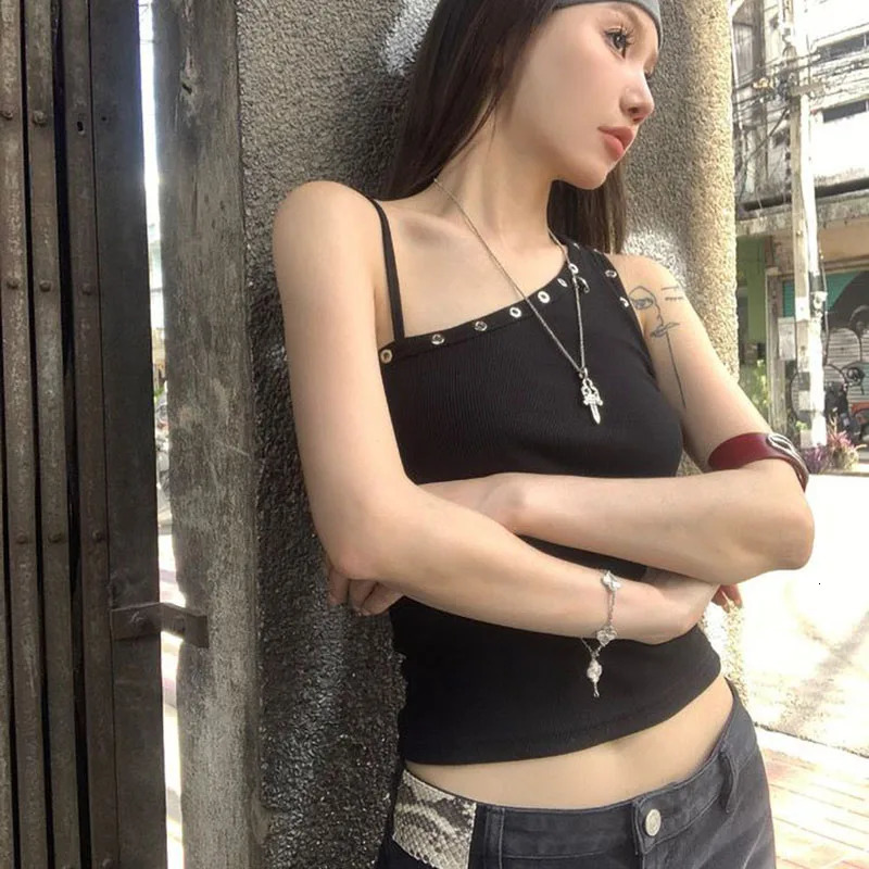 Lucyever Black Sexy One Shoulder Vest Tops Women Streetwear Ribbed Sleeveless Slim Fit Tank Female Y2K Grunge Punk Crop Tops 250605