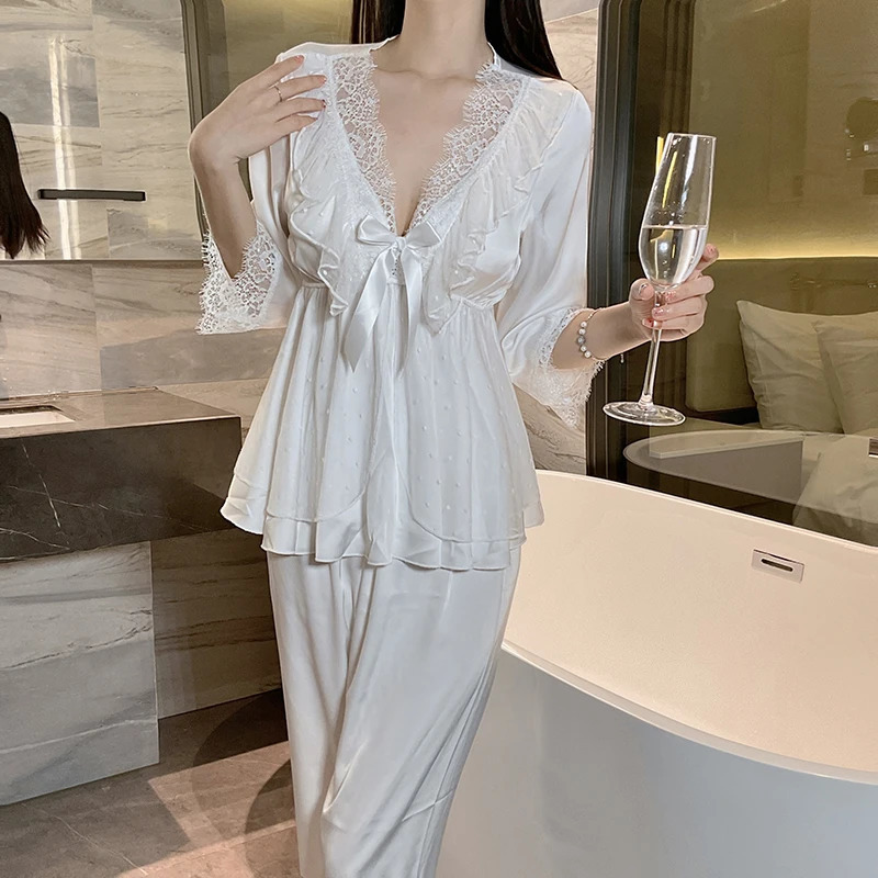 Womens lace satin home sleepwear set deep V sweet lace top pants two pieces of home clothes big size white black purple 250530