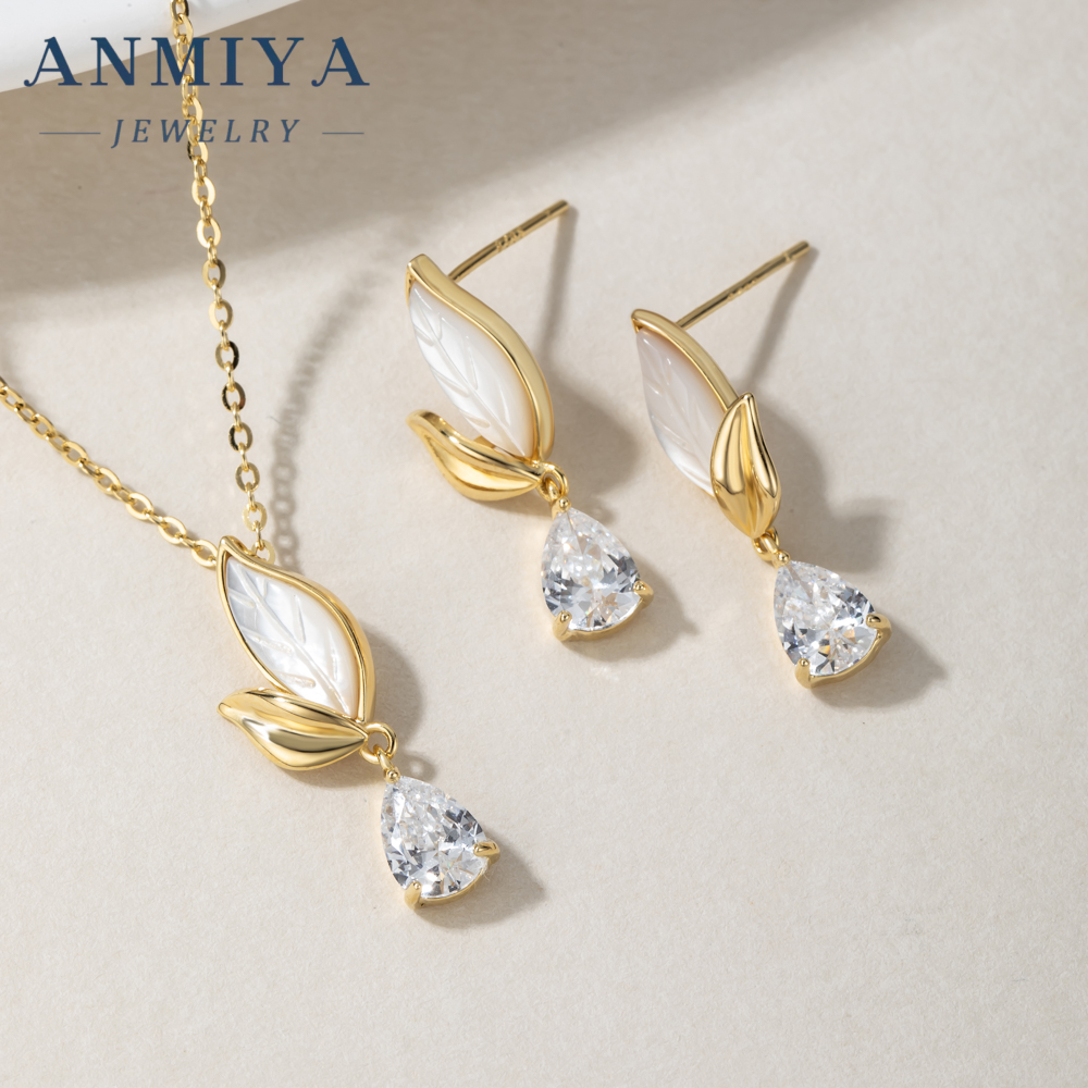 Long Leaf 18K Gold White Shell Drop Water Zircon 925 Silver Charm Pendant Necklace Earrings Set for Women