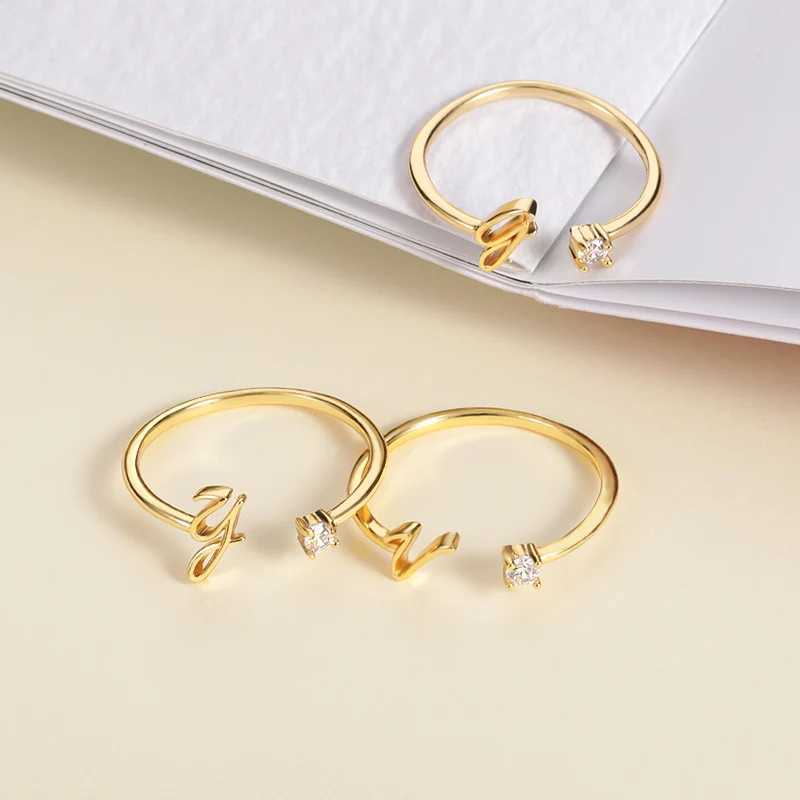 Cute Tiny Rhinestone Rings For Women Stainless Steel Letter Adjustable Rings Initials A - Z Jewelry Anillos Mujer W250606