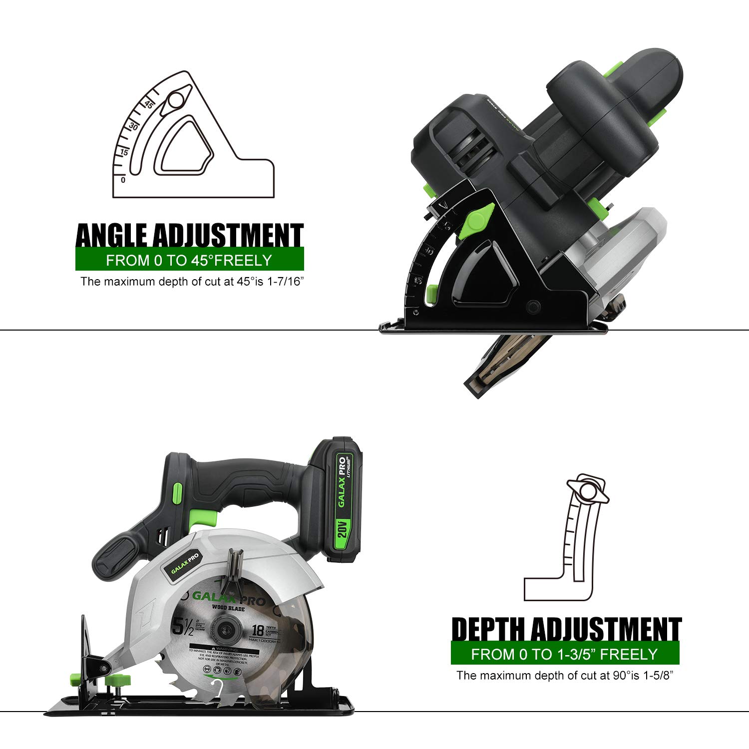 GALAX PRO Circular Saw, 140mm Cordless Circular Saw 20V with 2 Blades (18T+48T), 3800RPM Variable Speed, Includes 2.0Ah Lithium Battery and Charger