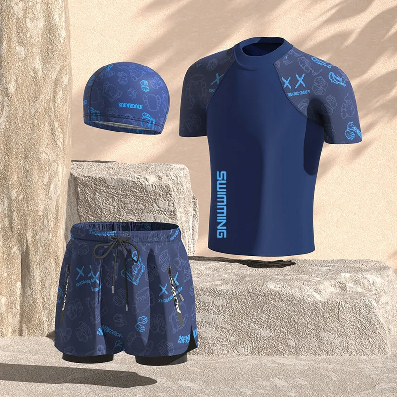 Men Professional Water Sports Competitive Swim ShirtsTrunks Glasses Cap Quick-Drying Beach Surfing Bathing Shorts Goggles Hat 250530