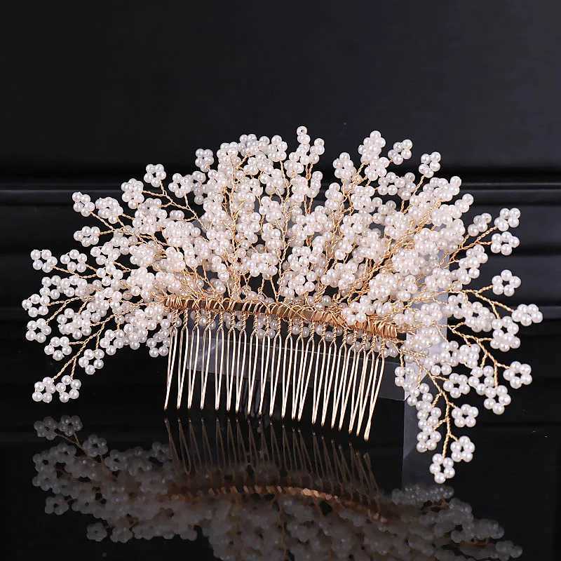 Pearl Flower Hair Comb European Style Tiaras Bride Headdress Pearl Girls Golden Crown Wedding Hair Accessories Party Jewelry Z250605