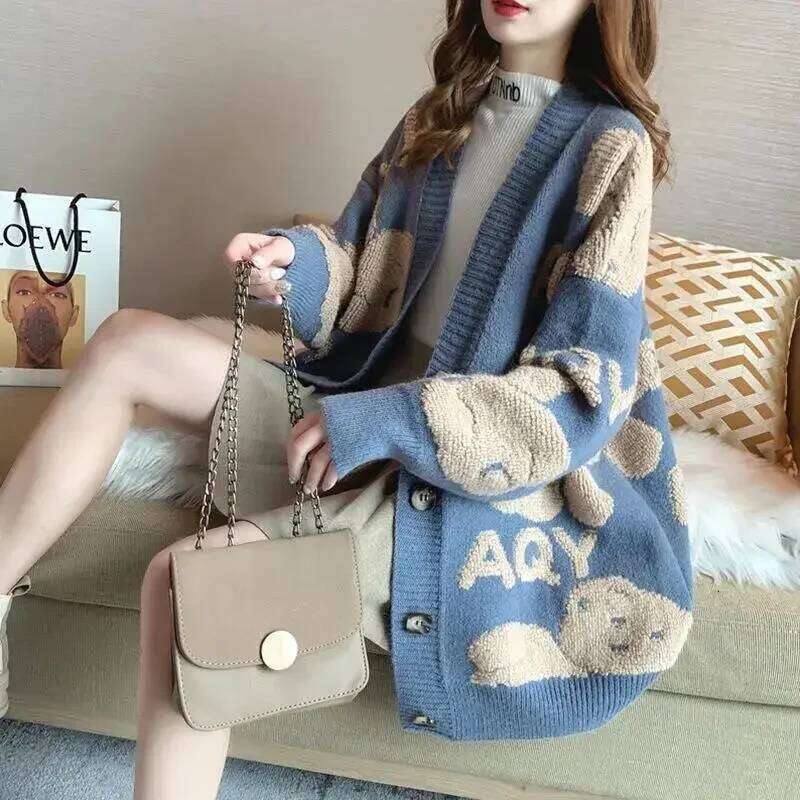 Long Knit Tops for Woman Graphic Black Winter Button Cardigan Cute Women's Sweater Kawaii V-neck Korean Fashion Crochet