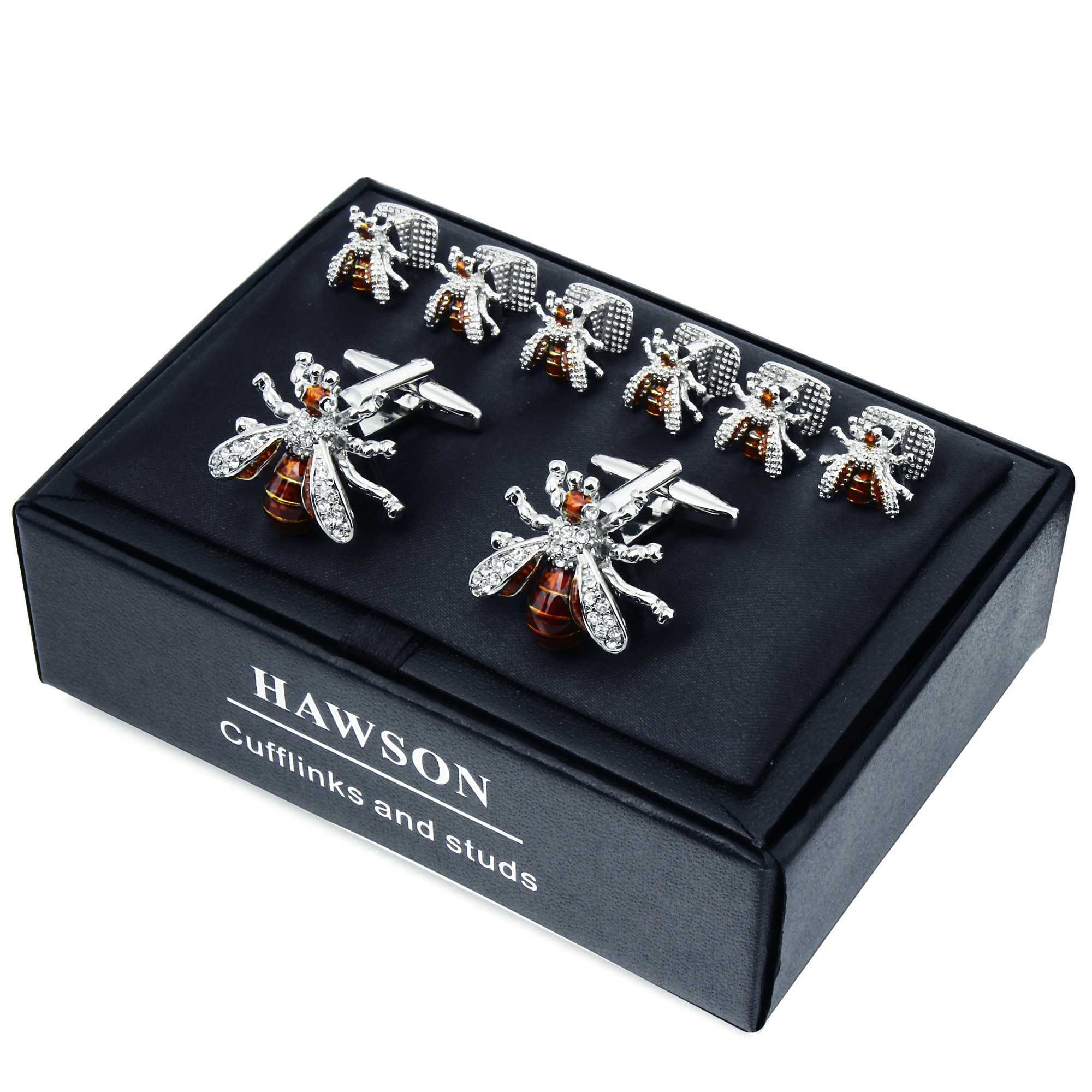 HAWSON Crystal Bee Cufflinks and Studs Set for Men Tuxedo Luxury Bee Cufflinks Gift for Party W250606