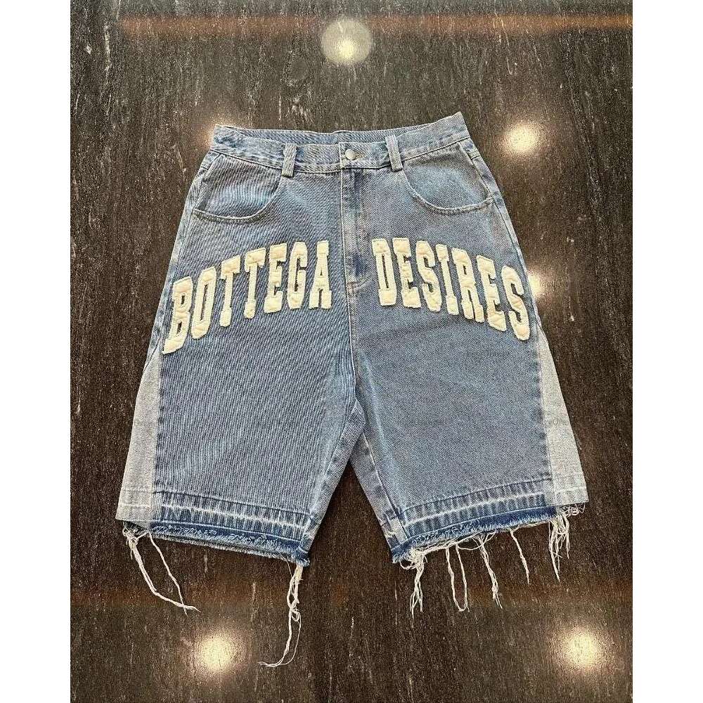 American Street Style Letter Embroidery Y2K Casual Embroidered Bone Denim Shorts for Men and Women