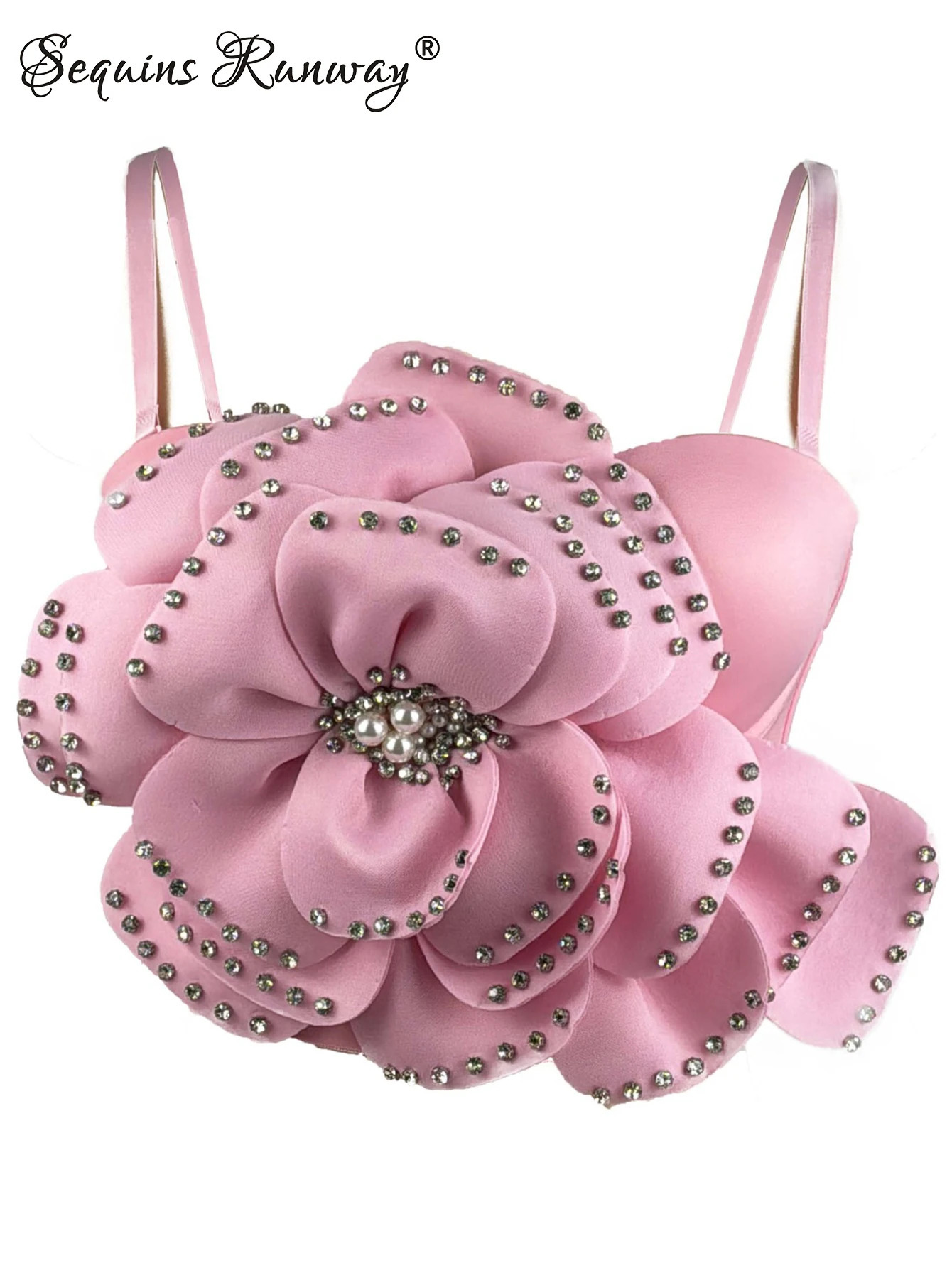 Sexy pink white flower corset crop top women clothing summer body cropped beading bra club party tops woman halter tank top 250530