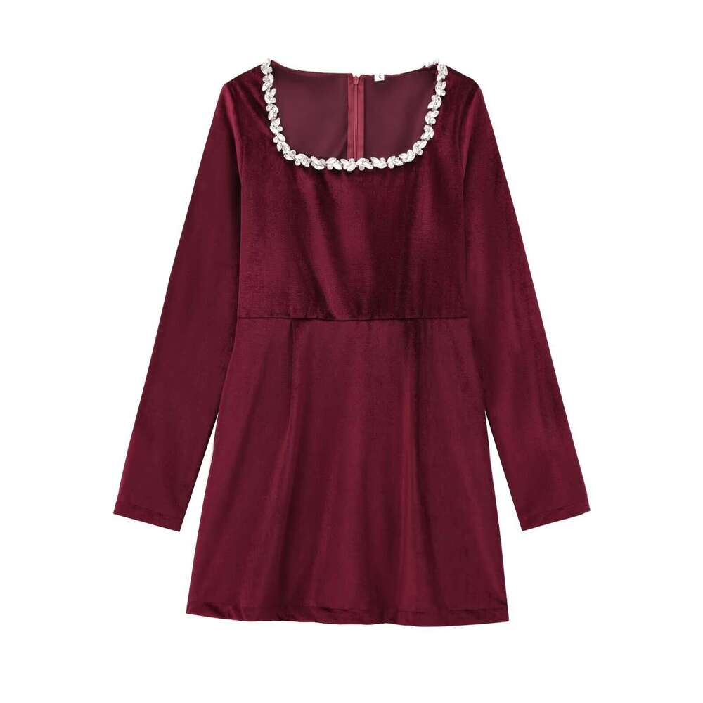 Women's Autumn Winter New Rhinestone Embellished Long Sleeve French Waist-Cinching Elegant Velvet Mini Dress B5