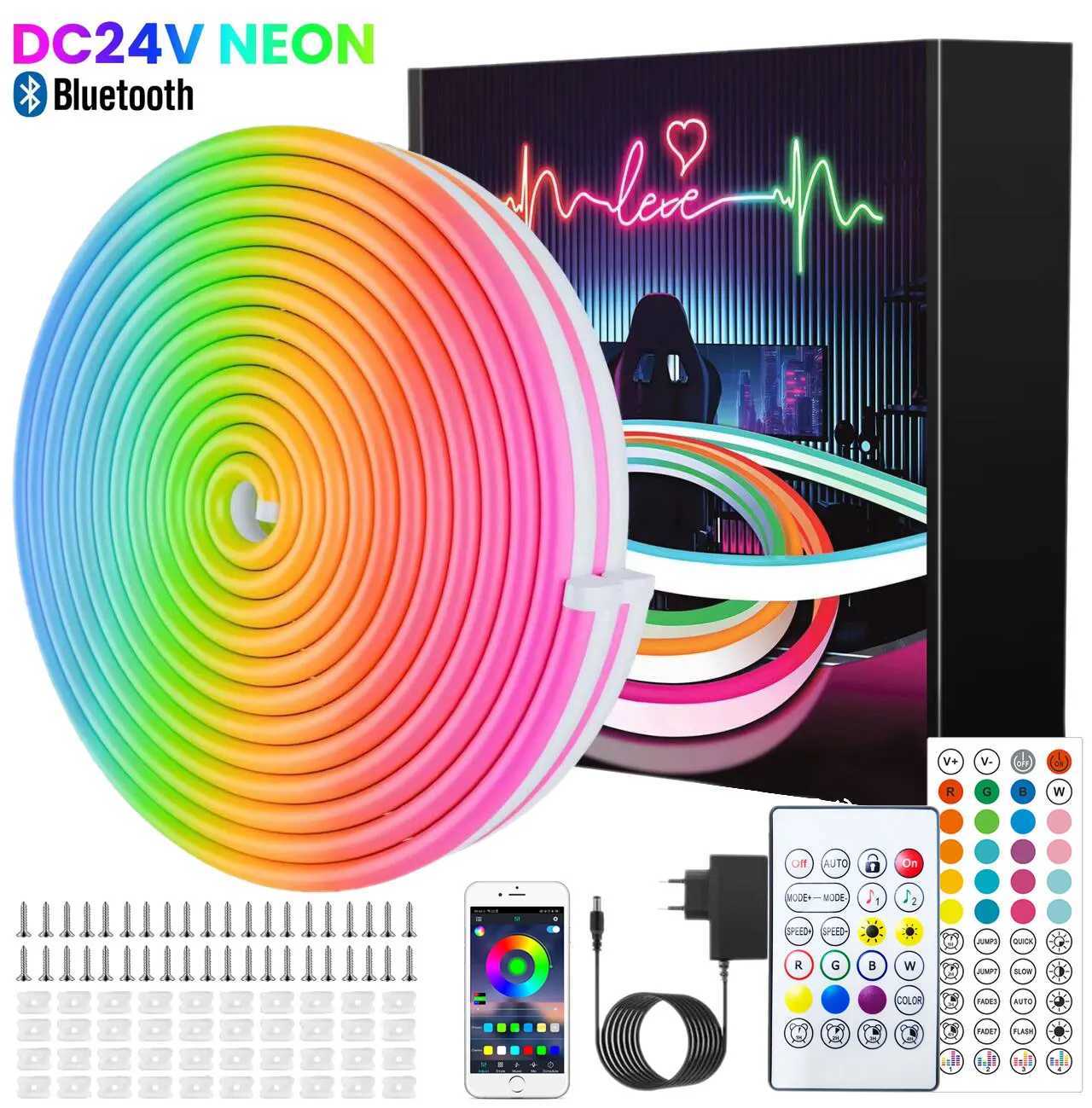 Bluetooth RGB Neon LED Strip Light 15Meters 5M 10M 20M 30M 24V 24Key 44Key Remote App Control Flexible Waterproof Neon Rope Light Z250605