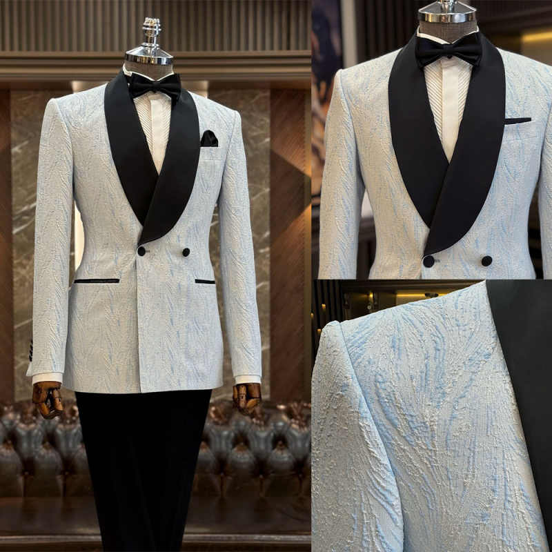 Simple Jacquard Wedding Tuxedos 2 Piece Set Jacket Pants Double Breasted Men Suit Classic Fit Groom Wear Party Suits Customized