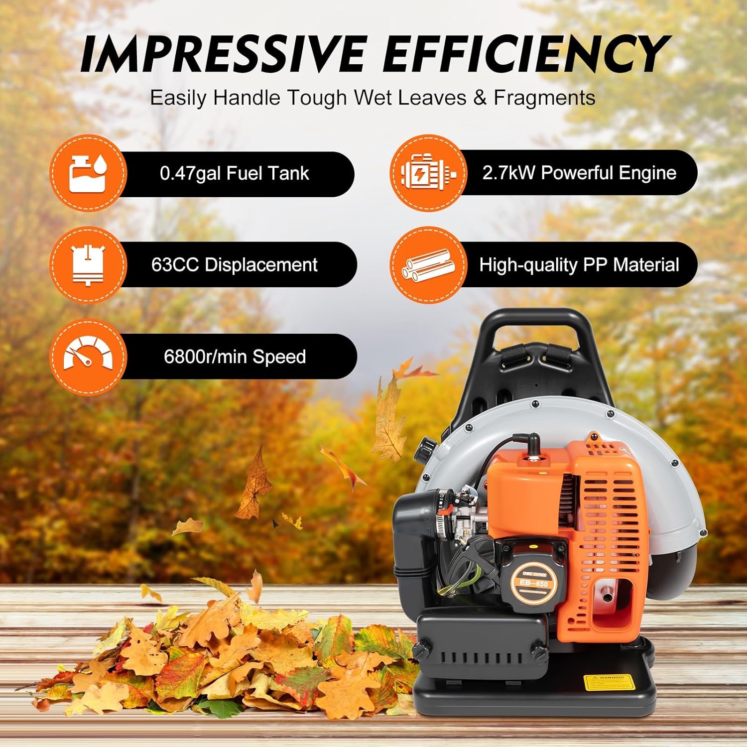 65CC 2-Stroke Gas Backpack Leaf Blower, 665CFM High-Power Yard Blower, 2.7KW Portable Air Blaster for Lawn, Lightweight Landscaping Tool for Efficient