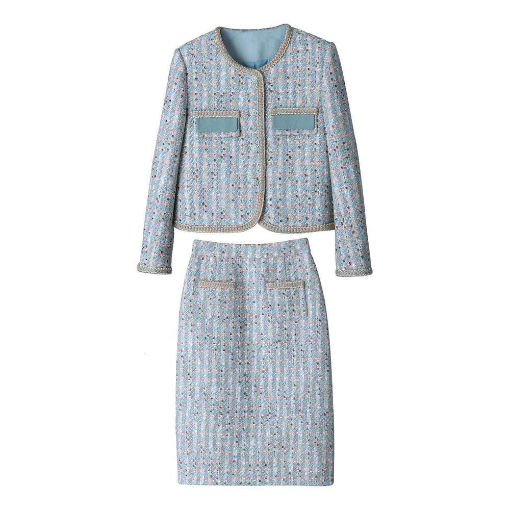 French Elegant Temperament Fashion Suit Round Neck Single-breasted Jacket Top High Waist Slim Skirt Two-piece Sets Women Winter