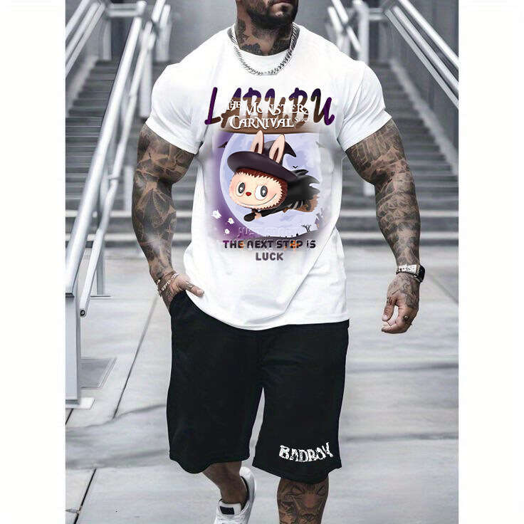 2025 New LABUBU Pure Cotton Short Sleeve T-Shirt American Style Loose Trendy Casual Set Digital Direct Print labubu doll