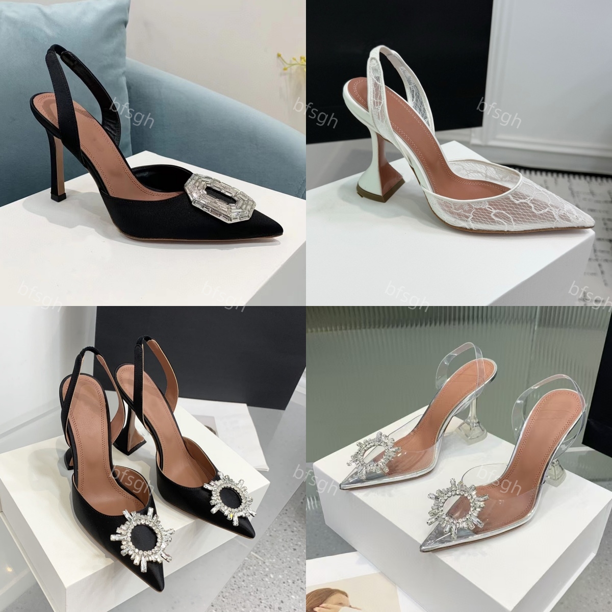 designer heels women slingback heels Silk Rhinestone high heels White Wedding Shoes Lace Dress Shoes Fashion Luxury Party Genuine Leather Sole Pumps EU35-43