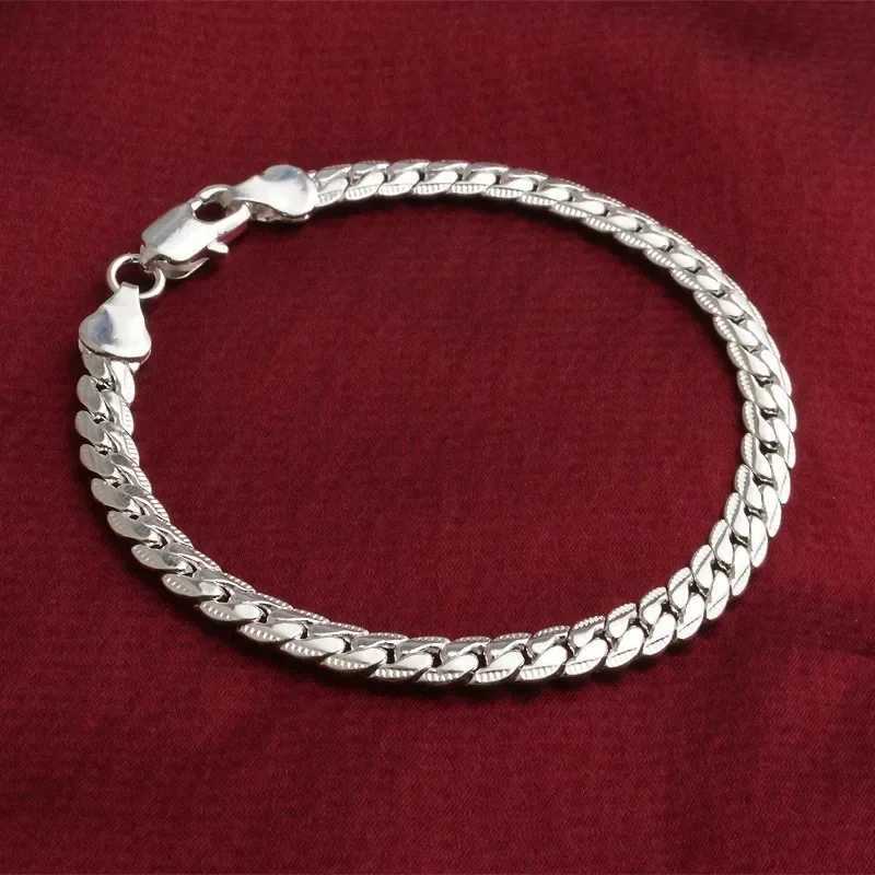 925 Sterling Silver Bracelet 6mm 18cm Flat Side Chain Lobster Clasp For Women Men Wedding Engagement Jewelry Silver Bracelet W250606