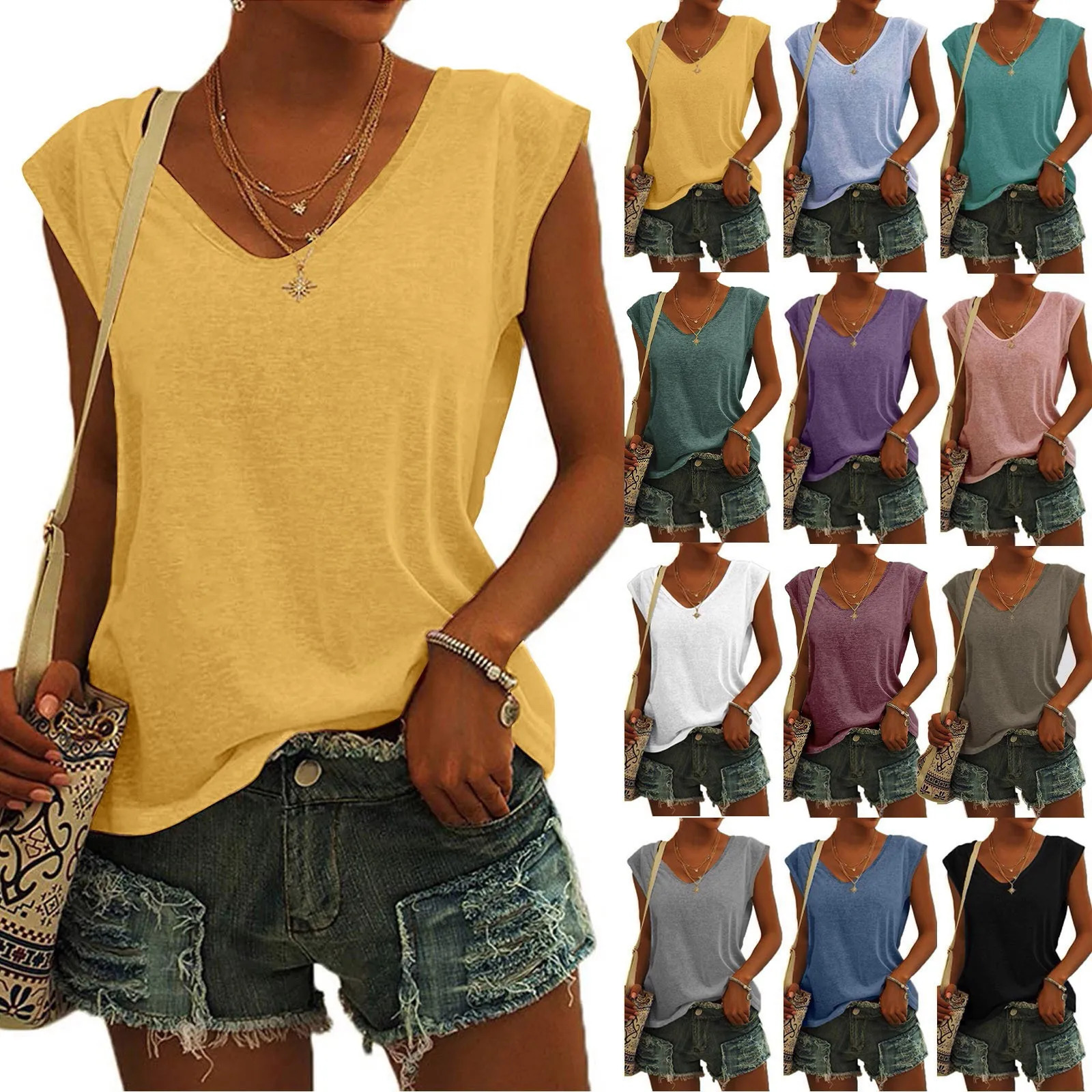 Womens Solid Color Minimalist Fashionable V-Neck Sleeveless T-Shirt Casual And Versatile Loose Summer Basics Street Tank Tops 250605