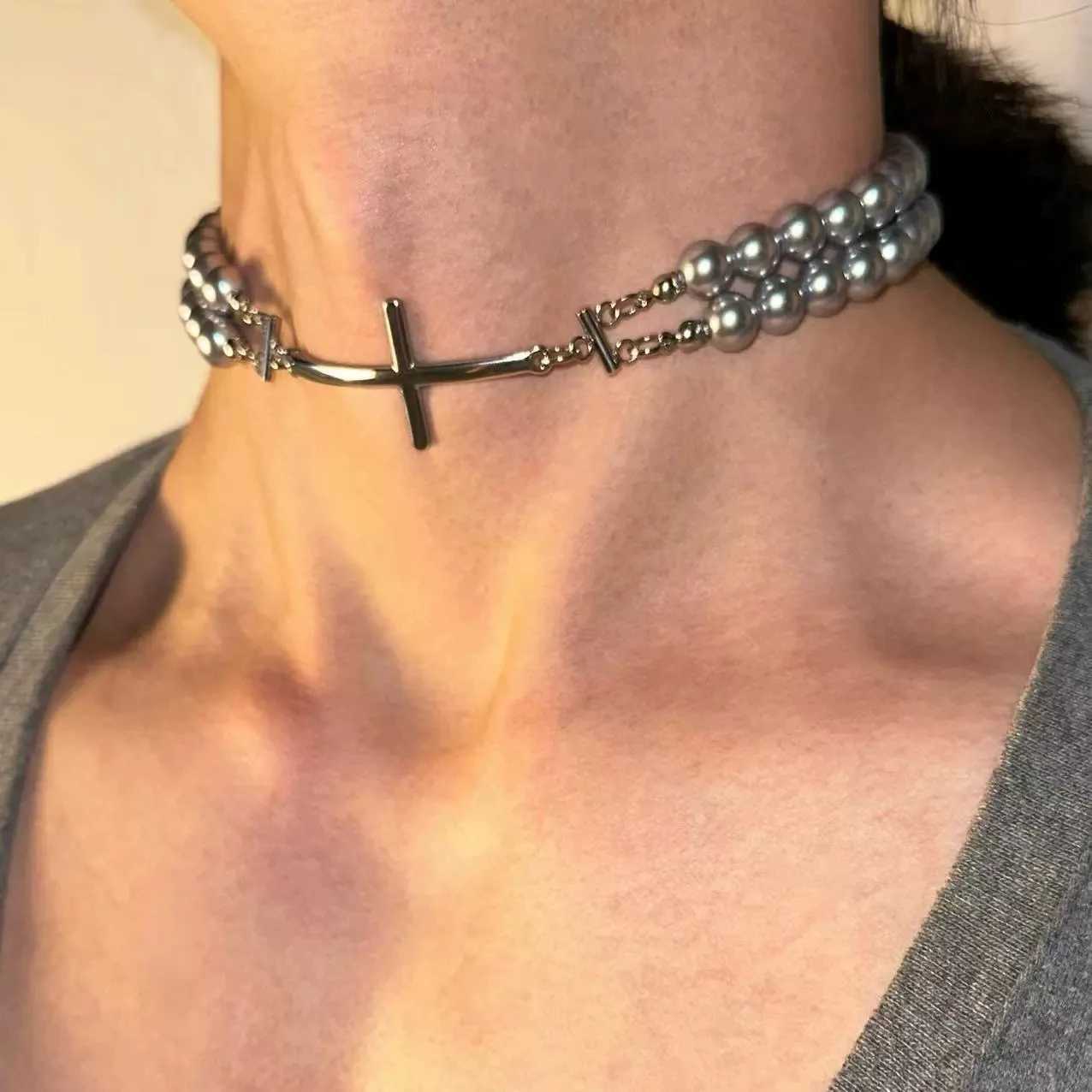 Vintage Punk Metal Rock Hip Hop Trend Long Pearl Cross Pendant Titanium Steel Chain Choke Necklace For Women Men Girls Jewelry Y250605