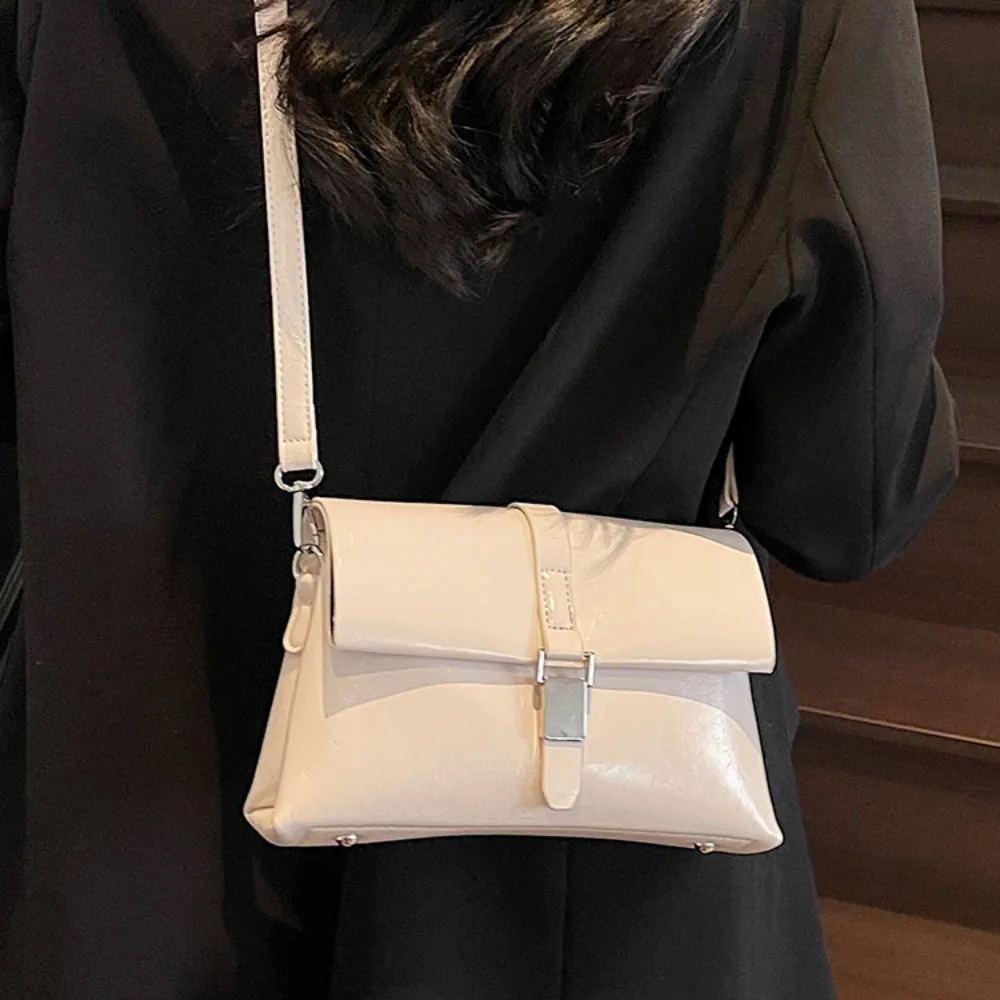 Korean Square Glossy PU Crossbody Bag for Women Delicate Light Buckle Zipper Versatile Shoulder Bags Daily Commute Packs 250605