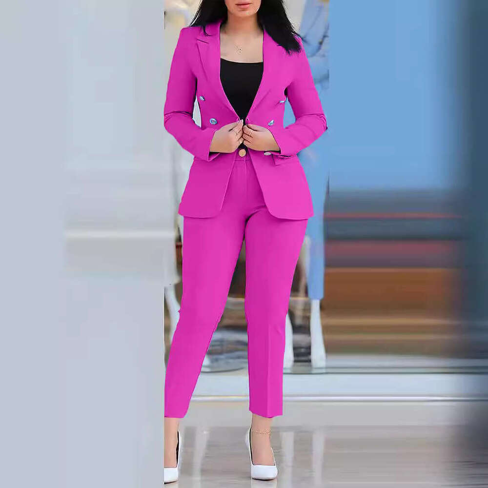 Women's Solid Color Slim Fit Casual Fashion Waist-Cinching Double-Breasted Two-Piece Suit Set B5