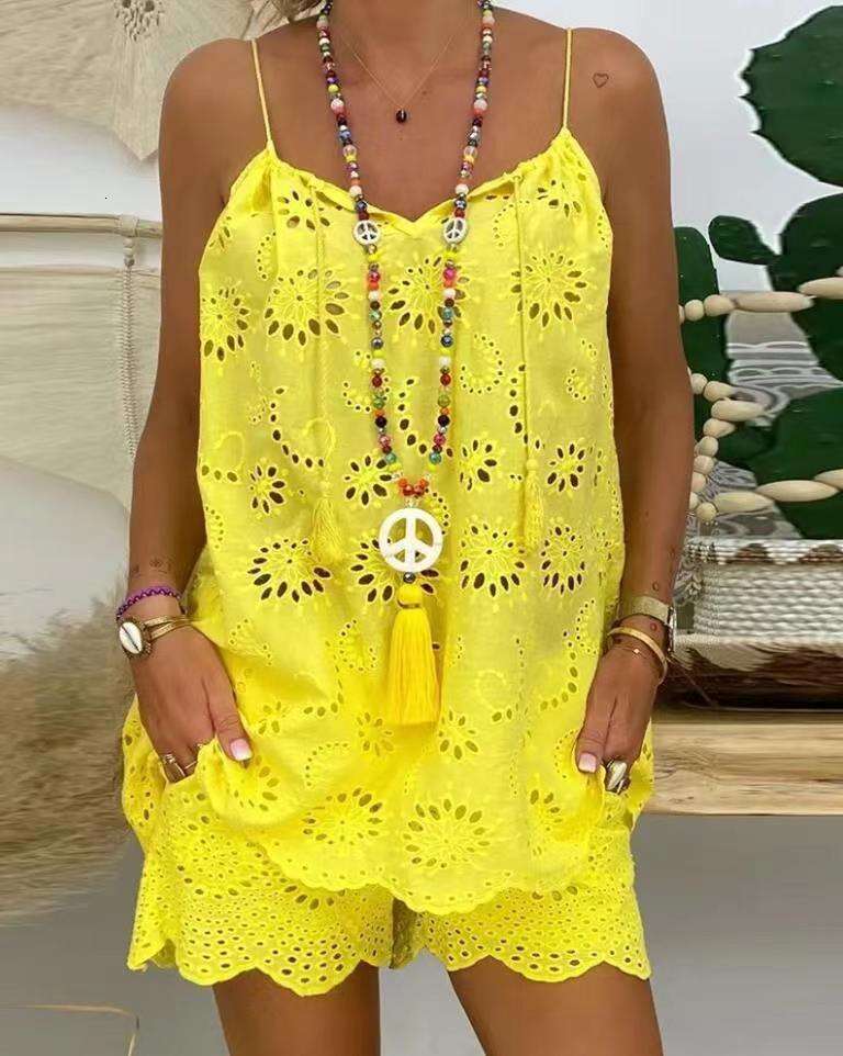 Sleeveless Drawstring Ruffle Hollow Out Camisole Vest Embroidered Shorts With Lining Cotton Set B5