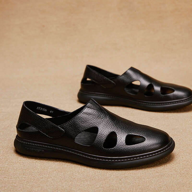 Large Hole Breathable Genuine Casual Men's 2025 Summer New Comfortable Flat Slip-On Cool Leather Shoes