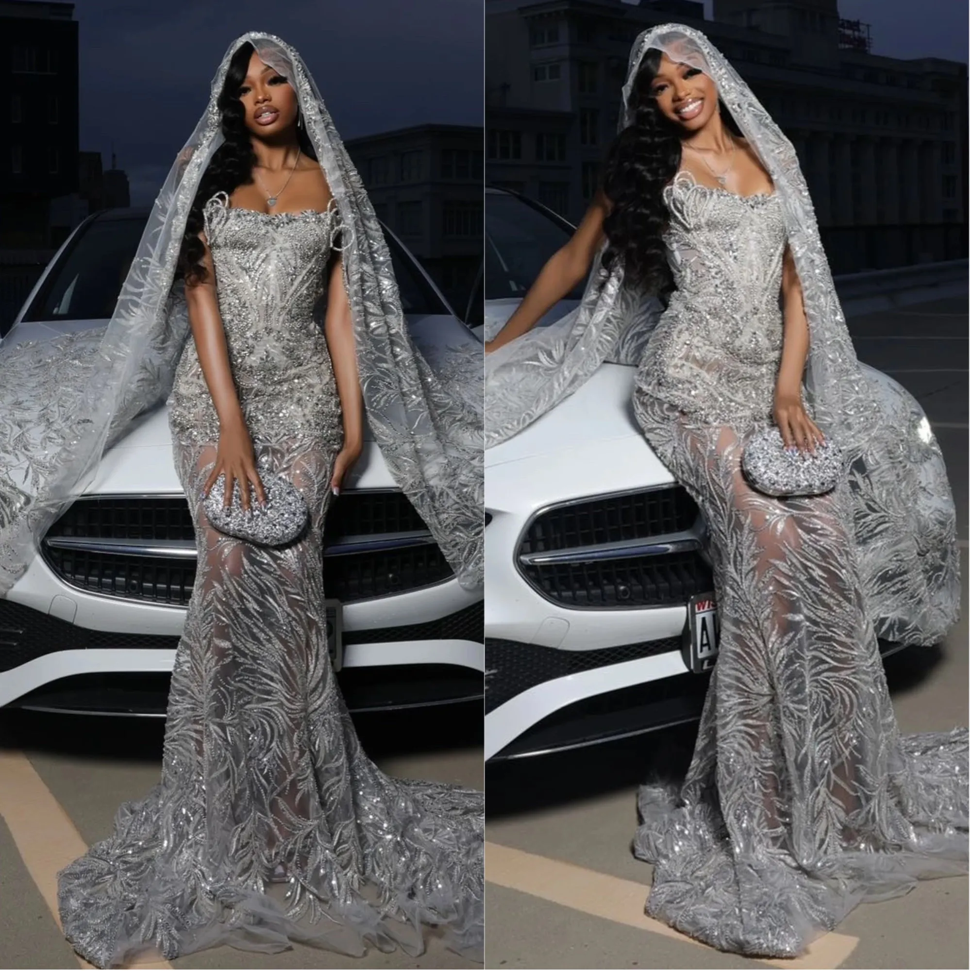 Glitter Beaded Sequined Wedding Dress Sparkly Lace Strapless Mermaid Bridal Gown With Veil Sleeveless Bride Dresses Customized