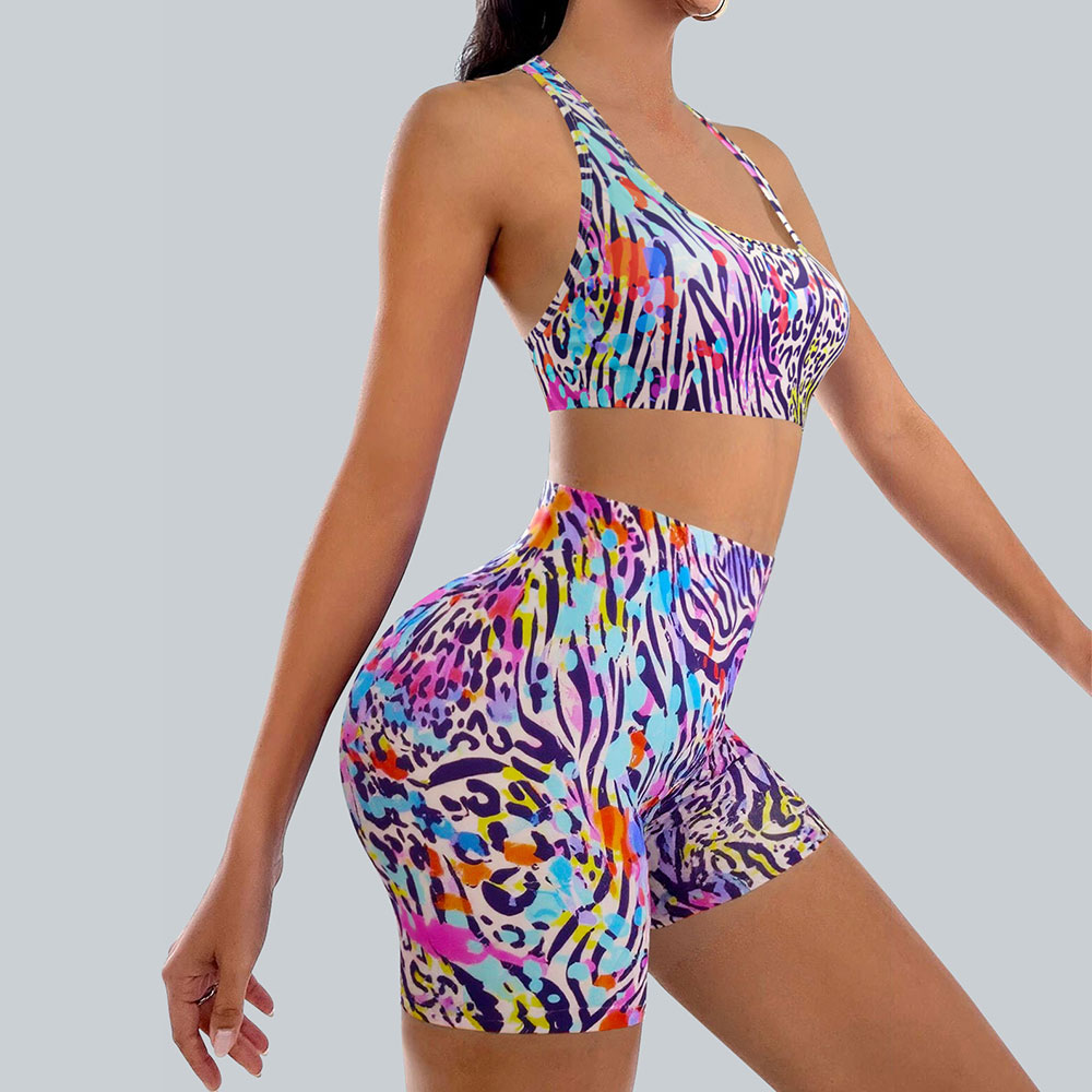 ports and fitness full body striped polka dot printed seamless bra and high waisted tight shorts women's set