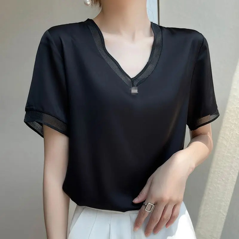 Summer Fashion Silk Temperament V-Neck All-Match Short-Sleeved Pullover Top Large Size Women Style Blouses Shirts 250605