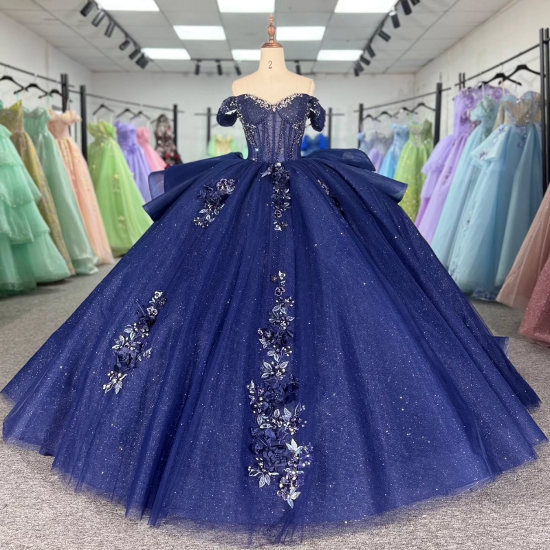 Navy Blue Shiny Off The Shoulder Ball Gown Quinceanera Dresses Appliques Lace Beading Crystal Tull Sweet 16 Dress vestidos 15 Anos