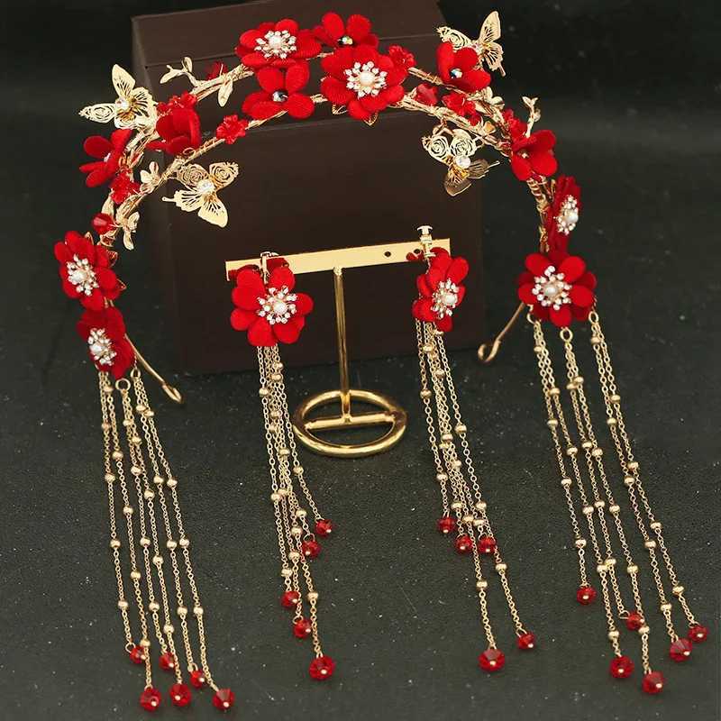 Chinese Women Red Flower Bridal Headpieces Wedding Headbands With Long Tassel Accessories For Brides Tiaras Crowns Headbands Z250605