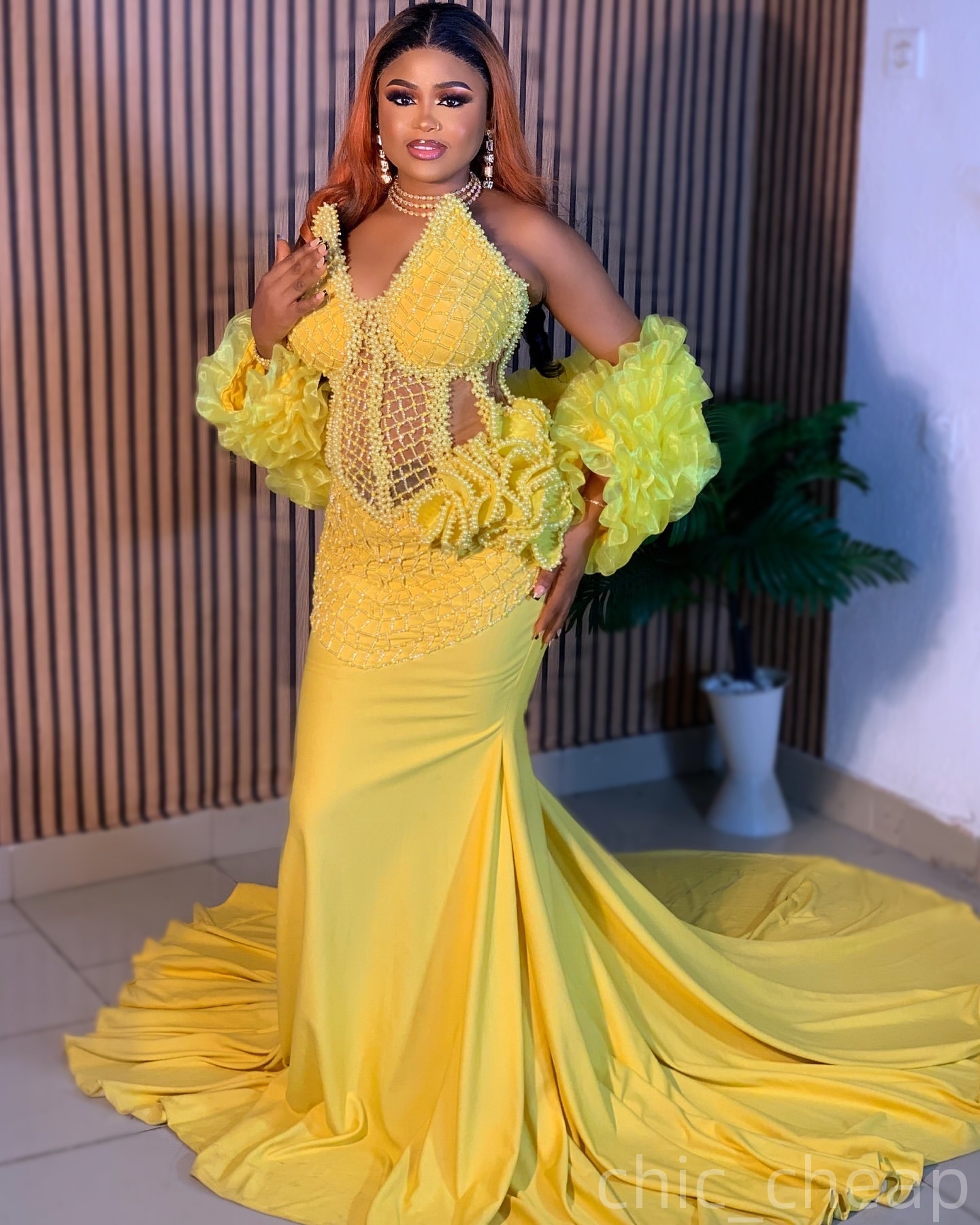 Yellow Mermaid Prom Dresses 2025 Pearls Satin Beaded Wrap Evening Formal Party Second Birthday Engagement Gowns Plus Size Dress For Special Occasions