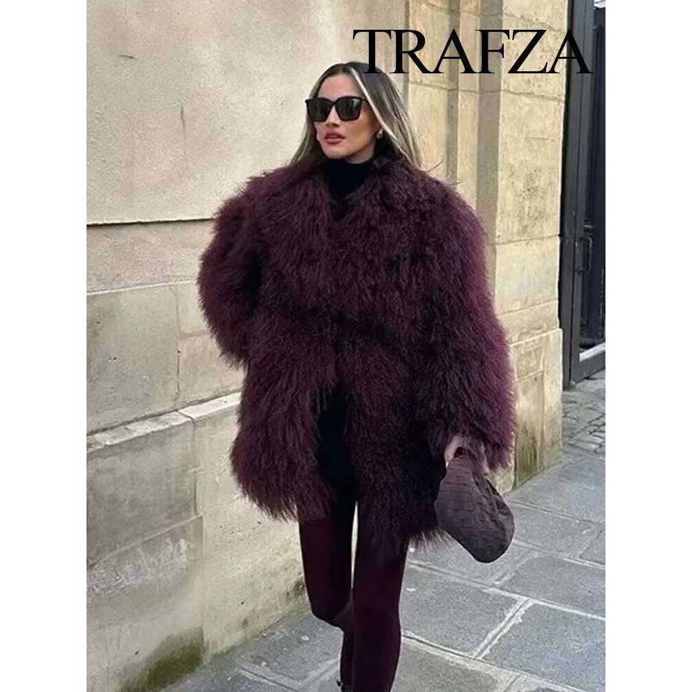 TRAFZA Women Faux Fur Jackets Loose Sleeves Turn Down Collar Warm Winter Long Coat Female Wine Red Vintage Casual Outerwear