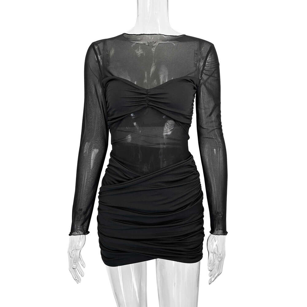 Hot selling women's fashionable round neck long sleeved mesh patchwork short skirt sexy pleated hip hugging dress