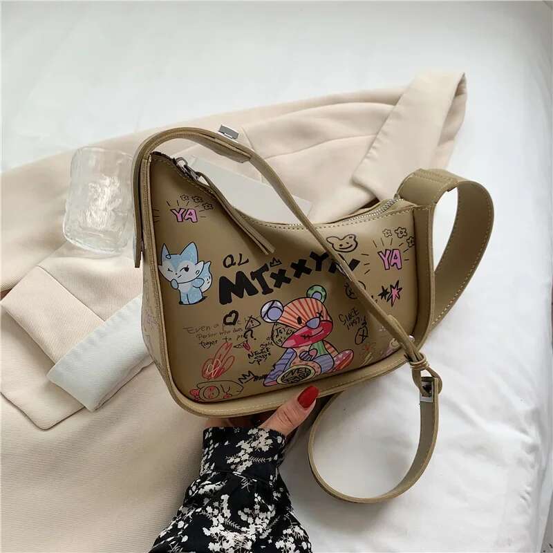 Simple Design Shoulder Woman Cartoon Graffiti PU Leather Crossbody Bag Fashion Trend Cute High Quality Famous Brand Handbag