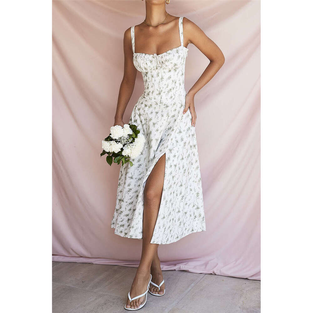 Women's Strapless Low-Cut Floral Split Fishbone Ruffle Slim Fit Casual Spring Summer Sexy Dress B5