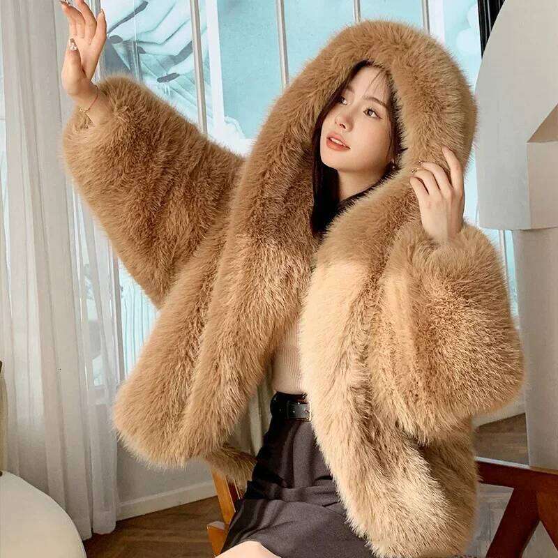 New Environmentally Friendly Fur Imitation Fox Hair Hooded Women's Korean Premium Furry Warm Jacket Women