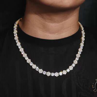 S925 Silver Moissanite Necklace for Men Women 9mm Hip Hop Flower Iced Tennis Chain 925 Bling Exquisite Jewelry Fashionable
