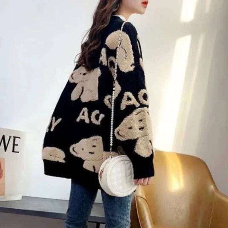 Long Knit Tops for Woman Graphic Black Winter Button Cardigan Cute Women's Sweater Kawaii V-neck Korean Fashion Crochet