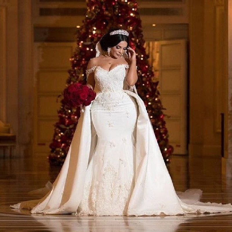 Glamorous Mermaid Wedding Dress With Overskirt Train Plus Size Lace Elegant Country Bridal Dress 2025 Dubai Arabic Bride Dress Vestio De Mariee