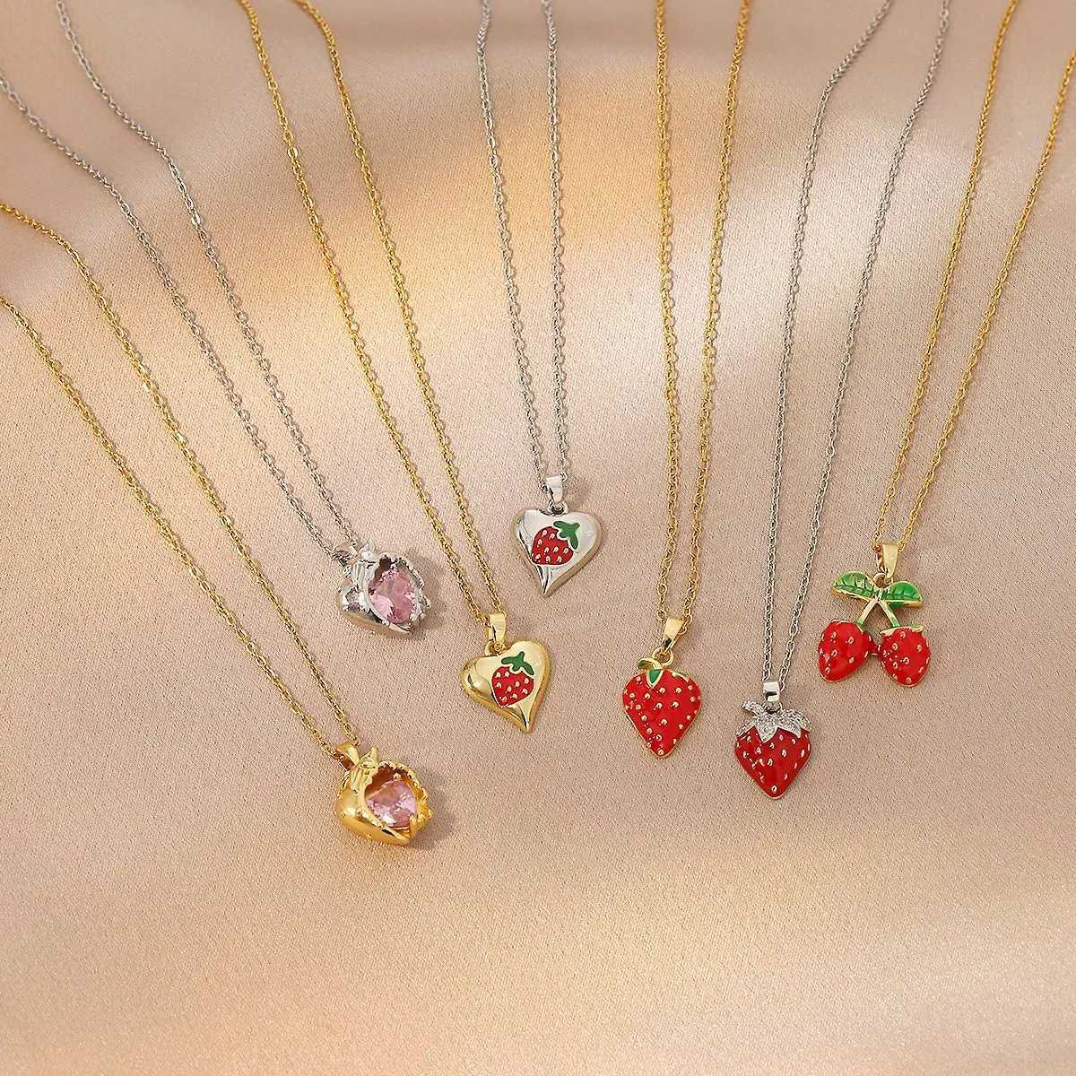 Cute Stainless Steel Strawberry Cherry Fruit Cubic Zircon Pendant Necklace For Women New Trend Simple Neck Chain Jewelry Gift Y250605