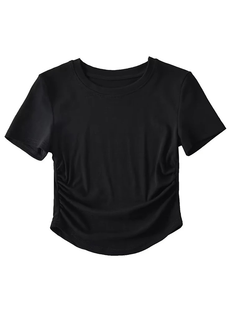 Harajuku Women Crew Neck Short Sleeve Cotton Tee With Ruched Sides Detail T-shirts 250530