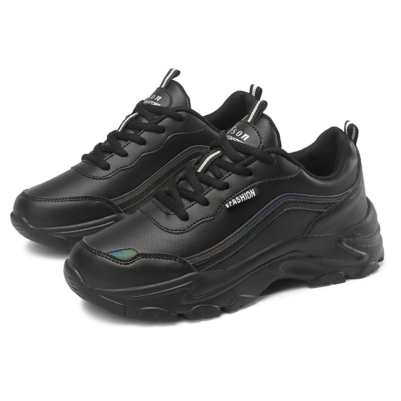 New Women S Sports Leather Breathable Casual Shoes Casual Running Thick Sole Black Dad Shoes Comfortable For Long Stands Ddmysaturn