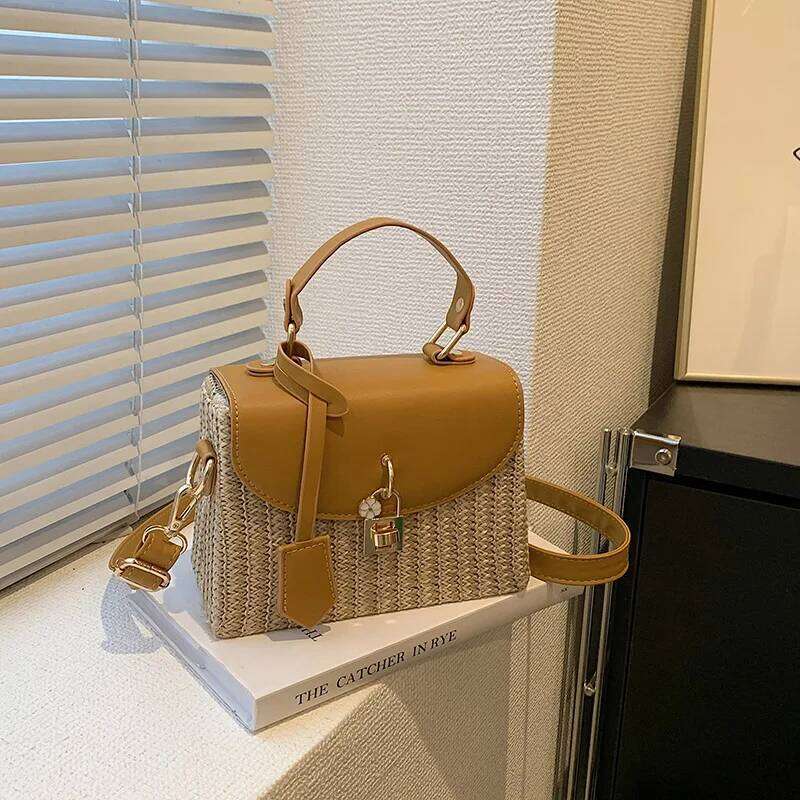 Fashion Straw Splicing Pu Leather Flap Handbag Hand-woven Box Rattan Women's Crossbody Messenger Casual Summer Beach Bag