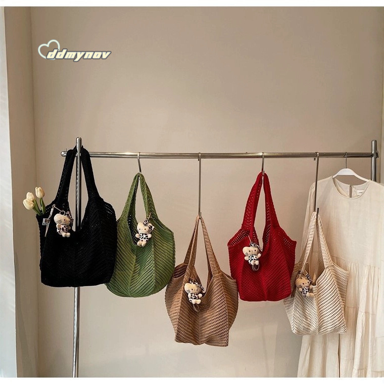 Cotton Thread Woven for Women 2025 New Knitted Hollow Shoulder Tote Lazy Style Beach Vacation Bag ddmynov