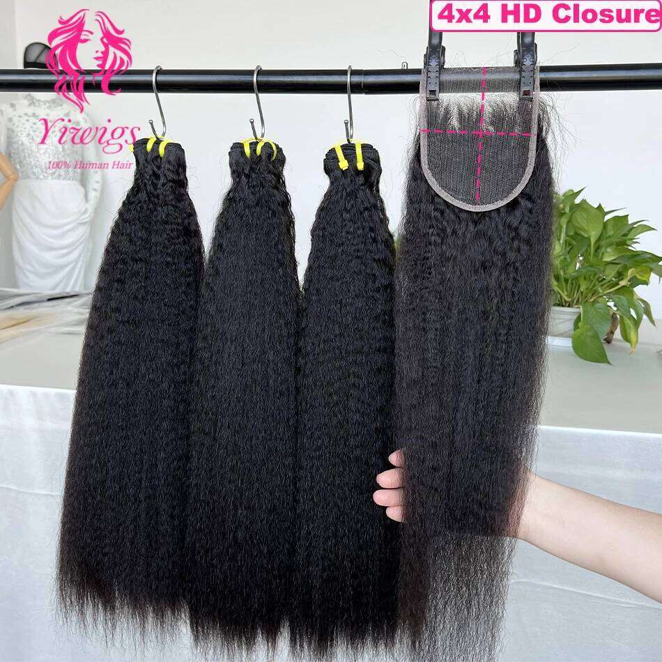 Yiwigs 12A Grade Double Drawn Kinky Straigt 100% Human Bundles With 4x4 Real HD Lace Closure Hair Weave Extensions Thick