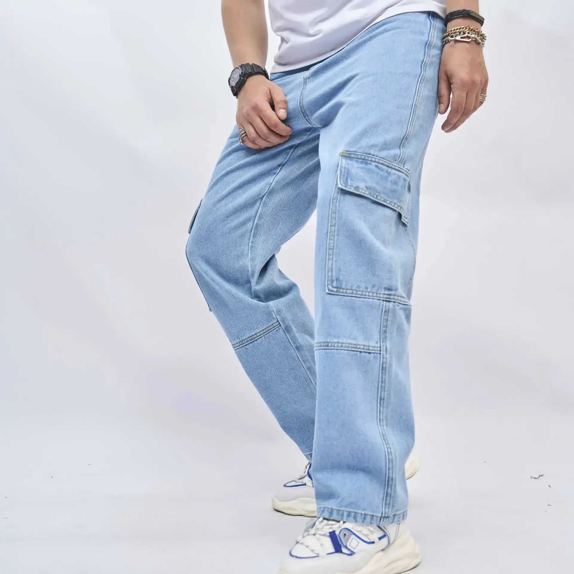 Denim Straight Ankle Length Pants Men Jean Washed Zipper Fly Jeans Loose Fit Solid Pockets High Strt Vintage Spliced 2025C250606