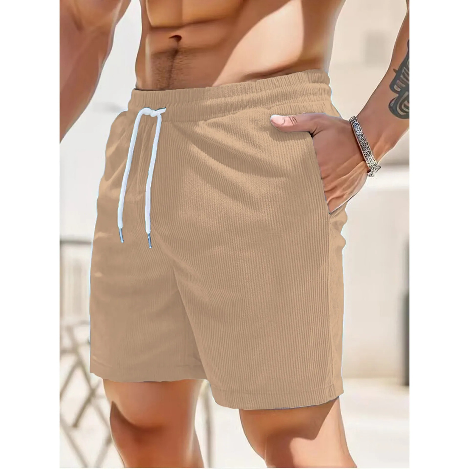 Summer Solid Color Lace up Sports Pants Corduroy Minimalist 54 Shorts Mens Shorts Casual Pants 250605