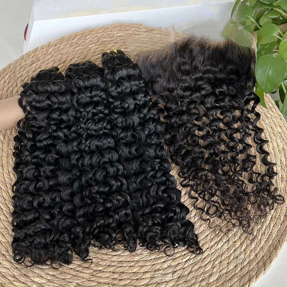 Deep Curly Double Drawn Human Bundles With 4x4 5x5 Closure 13x4 HD Lace Frontal Natural Color Raw Hair Weave Extensions